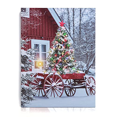 NIKKY HOME 16" x 12" Christmas LED Lighted Canvas Wall Art Prints Light Up Tree and Snow House Picture Winter Scene for Holiday Decor