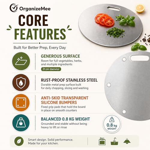Image of OrganizeMee Stainless Steel Chopping Board (Round, 31cm) - Heavy Duty Metal Cutting Board for Kitchen - Hygienic, Dishwasher Safe & Durable (1.5mm Thick)