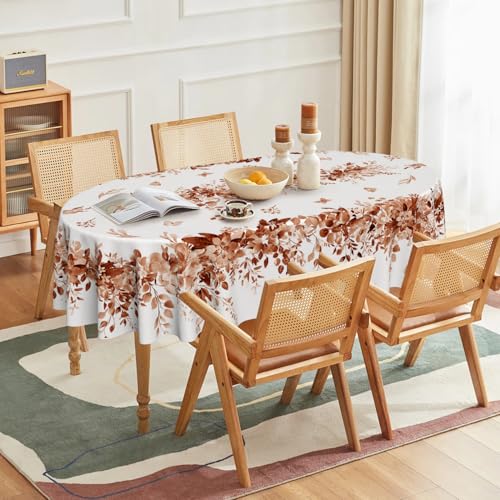 Image of Horaldaily Fall Tablecloth 60 x 84 Inch Oval Eucalyptus Floral Caramel | Seasonal Washable Table Cover for Party Picnic Dinner Decor