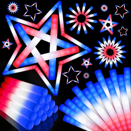 SHQDD 46 PCS 4th of July Foam Glow Stick Pack, Red White Blue Glow Sticks, July 4 Party Favors, Light up Party Supplies for Independence Day Celebrations,Glow in the Dark Accessories for Kids & Adults
