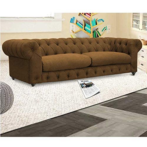 VILNIUS Avianna Solid Sal Wood Velvet Upholstered Button Tufted Chesterfield 3 Seater Sofa Set for Living Room, Light Brown Color