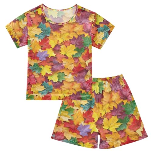 ALAZA Colorful Maple Leaves Autumn Pajamas Set Short Sleeve Cotton Sleepwear Summer Pjs 2 Piece 5-14Y