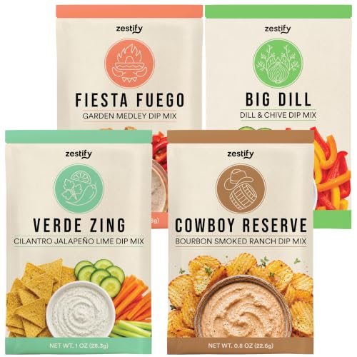 Zestify Dips Variety Pack - Dill & Chive, Bourbon Smoked Ranch, Garden Medley, and Cilantro Jalapeno Lime Seasoning Mixes (Big Dill 0.7 oz, Cowboy Reserve 0.8 oz, Fiesta Fuego 1 oz, Verde Zing 1 oz)