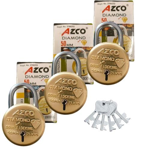 Azco Round Locks Small Size 50mm 6 Same Keys with 3 Padlocks | 7 Levers Double Locking | Lock and Keys for Home Door Shutter Shop Main Gate | Gold Finish (Pack of 3)-picture-19