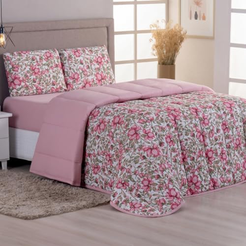 Kit Edredom King Malha 100% Algodão 04 Peças Liso Dupla Face Com Viés (Est. Rose)