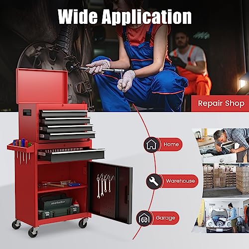 GiantexUK Tool Cabinet, 2 in 1 Lockable Metal Tool Chest with Removable Top Cabinet, Wheels, 5/6 Drawers, Pegboard & Hooks, Heavy-duty Rolling Tool Box Trolley (with Adjustable Shelf, Black+Red) 6 GiantexUK Tool Cabinet, 2 in 1 Lockable Metal Tool Chest with Removable Top Cabinet, Wheels, 5/6 Drawers, Pegboard & Hooks, Heavy-duty Rolling Tool Box Trolley (with Adjustable Shelf, Black+Red) - Image 6