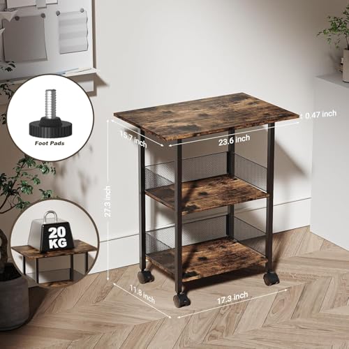 BOHDK Printer Stand, 3-Tier Industrial Large Printer Table with Shelf, 23\"x15\" Mobile Heavy Duty Storage Rack on Wheels for Home Office Printer Fax Machine Scanner Copier