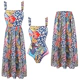 CHUIKUAJ Traje de baño de una Pieza para Mujer con Cordones y Falda de Playa de Malla, Traje de baño con Estampado de Plantas y Flores, Falda Que Cubre el Traje de baño,Blue-L
