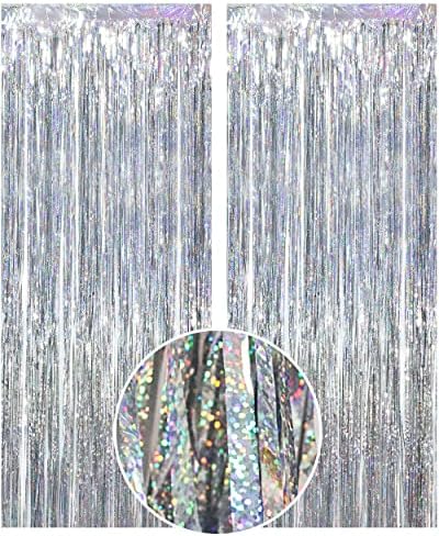 Jiosdo Laser Foil Curtains, 2 Pcs Metallic Tassel Curtains Party Streamers Party Decorations Christmas Foil Decorations Party Wedding Baby Shower Birthday Background Curtains, 210 x 100 cm (Silver)
