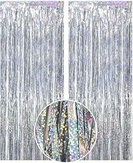 Jiosdo Laser Foil Curtains, 2 Pcs Metallic Tassel Curtains Party Streamers Party Decorations Christmas Foil Decorations Party Wedding Baby Shower Birthday Background Curtains, 210 x 100 cm (Silver)