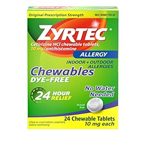 Zyrtec 24 Hour Allergy Relief Chewable Tablets with 10 mg Cetirizine HCl Antihistamine, Allergy Relief Medicine for Allergy Symptoms Caused by Ragweed & Tree Pollen, Dye-Free, 24 ct