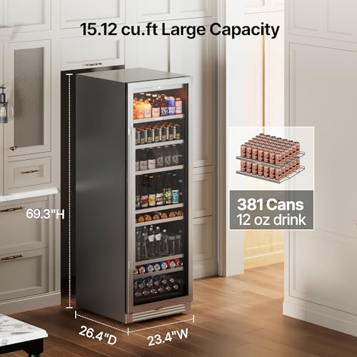 Image of Ca'Lefort Beverage Refrigerator Cooler - 24 Inch Beverage Fridge 381 Can with Glass Door, Built-in or Freestanding Refrigerator with 3 Color LED, Drink Cooler for Soda Beer or Wine (Right-Hinged)