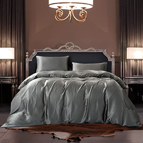 Vonty 3-teiliges Satin-Bettbezug-Set, Full/Queen-Size-Bettwäsche-Set aus grauem Seidenähnlichem Satin mit Reißverschluss (1 Bettbezug + 2 Kissenbezüge) Cover