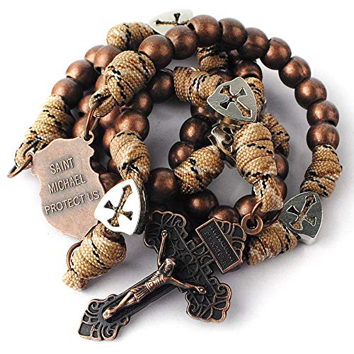 Hanlincc Large And Heavy Antique Copper Metal Beads Rugged Durable Paracord Rosary Necklace With St.michael Center Piece And Pardon Crucifix For Men (Antique Copper St.michael Paracord Rosary) #TOP2