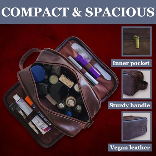 Premium Men’s Toiletry Bag with Drawstring Pouch – Durable Water-Resistant Leather-Look Travel Organizer for Shaving, Grooming & Hygiene Essentials (Dark Brown)2