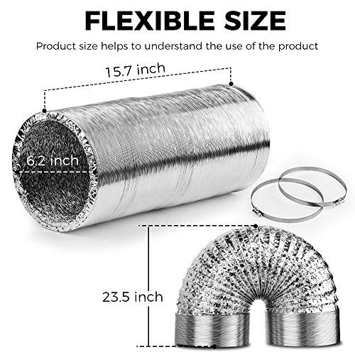 AMAGABELI GARDEN & HOME 6in Aluminum Foil Duct Hose Flex Grow Tent Room Ventilation Cooling System 25ft Air Intake Helix Pipe Exhaust Fan Filter CFM Clothe Dryer Vent Hose with 2 Tension Clamps HAVC - Thumbnail 2