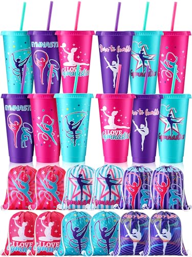 Nuogo 24 Pcs Gymnastics Party Favor, 12 Pcs 24oz Plastic Cups with Lids and Straws 12 Pcs Gymnastics Theme Gift Bags Birthday Goodie Bags Drawstring Treat Bag Gymnastics Party Supplies 11.8 x 9.8 Inch