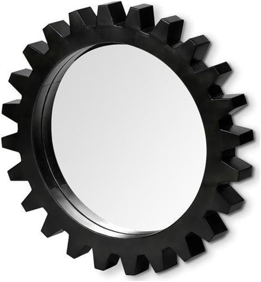 Pemberly Row Alloy Cog 26" Round Metal Wall Mirror, Matte Black Finish, Industrial Design, Durable Construction, Decorative Accent for Living Room, Bedroom, or Entryway