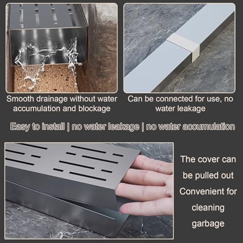 Stainless Steel Drainage Trench Grate Kit - Rectangular Shower & Outdoor Drain System for Sidewalks, Patios, Parking Lots & Decks - Durable Water Management Solution
