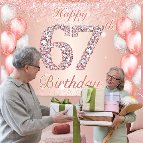 Image of Happy 67th Birthday Rose Gold Banner Cheers to 67 Years Old Backdrop Confetti Balloons Theme Decor for Women 67 Years Old Pink Birthday Party Decorations Bday Supplies Background Favors Gift Glitter