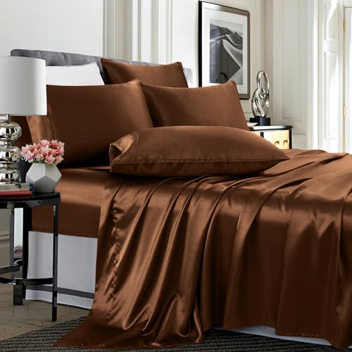 TREELY Satin Sheet Set, King, Brown, 6 Piece, Deep Pocket, Breathable