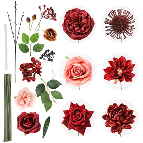 Floweroyal Artificial Flowers Combo Burgundy Flowers Mix Silk Flowers Dahlia Roses With Stems For Diy Wedding Bridal Bouquets, Baby Shower, Floral Arrangement, Table Centerpieces, Home Decorations. #TOP7