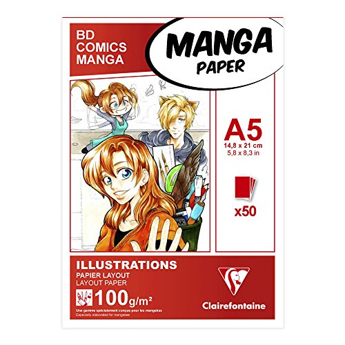 Clairefontaine 94041C Bloc Encollé Papier Manga et Illustration - 50 Feuilles Blanc Extra Lisse A5 14,8x21 cm 100g - idéal pour le Dessin au Feutre à Alcool