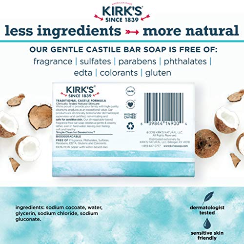 Kirk's Castile Bar Soap Clean Soap For Men, Women & Children | Premium Coconut Oil | Sensitive Skin Formula, Vegan | Fragrance-Free/Unscented | 4 Oz. Bars - 6 Pack #TOP4