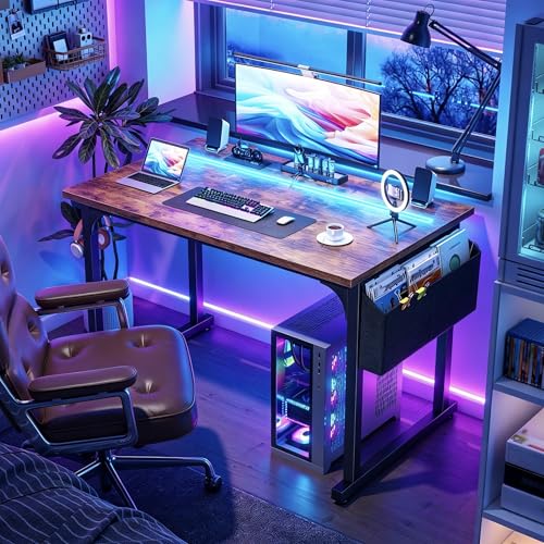 Image of DurayLoly 40 inch Computer Desk with Waterproof LED Lights,Bedroom Study Desk for Teens,Dorm Room Essentials,Headphone Hook&Storage Bag for Small Spaces,Sturdy Metal Frame,Rustic Brown