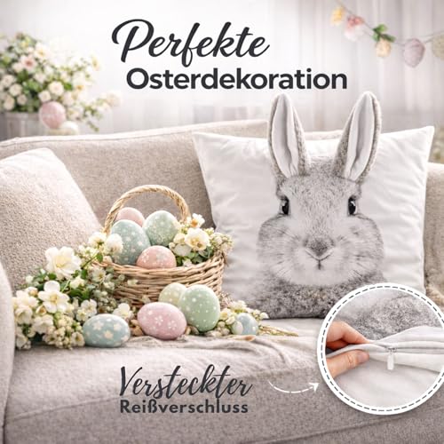 Bada Bing Osterdeko Kissenhülle 3D Dekokissen Hase mit Schlappohren - Sofakissen Bezug in 40x40 cm Deko - Kissen mit Osterhase und Hasenlöffel - Couchkissen Zierkissen fürs Wohnzimmer Schlafzimmer