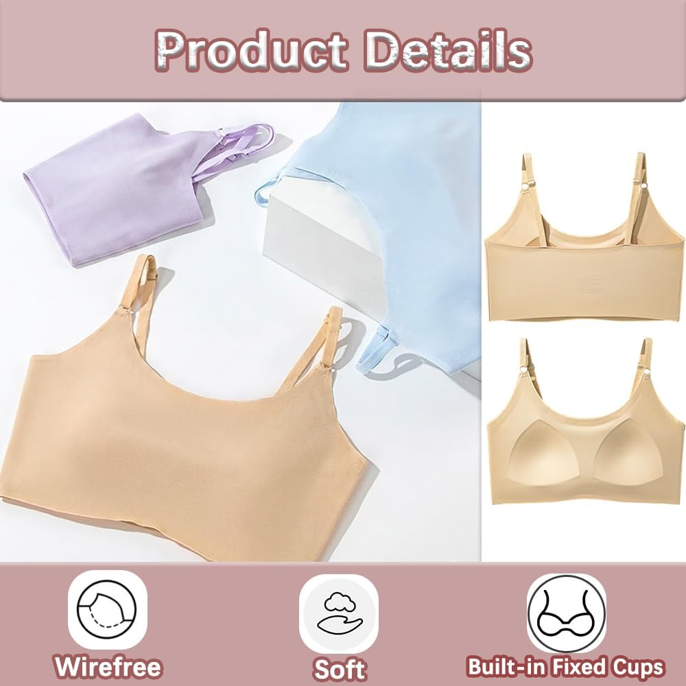 Teen Girls Sports Bras 4 Pack Wire Free Adjustable Thin Straps Built in Pads Age 10-16 Years