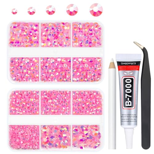 qiipii 3060PCS Dark Pink AB Resin Rhinestones for Crafts Pink AB Flatback Jelly Resin Rhinestone 2mm 3mm 4mm 5mm 6mm 5 Sizes Non-Hotfix Stones Diamonds Crystals Gems for Tumblers Bottles DIY Crafts