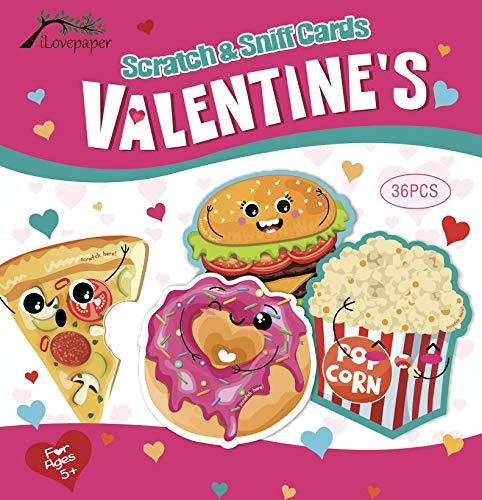 iLovepaper 36PCS Valentines Day Cards for Kids 9 Patterns & Scents, Scratch and Sniff Exchange Cards for School Supplies Children Party Favors, Envelopes and Stickers Included