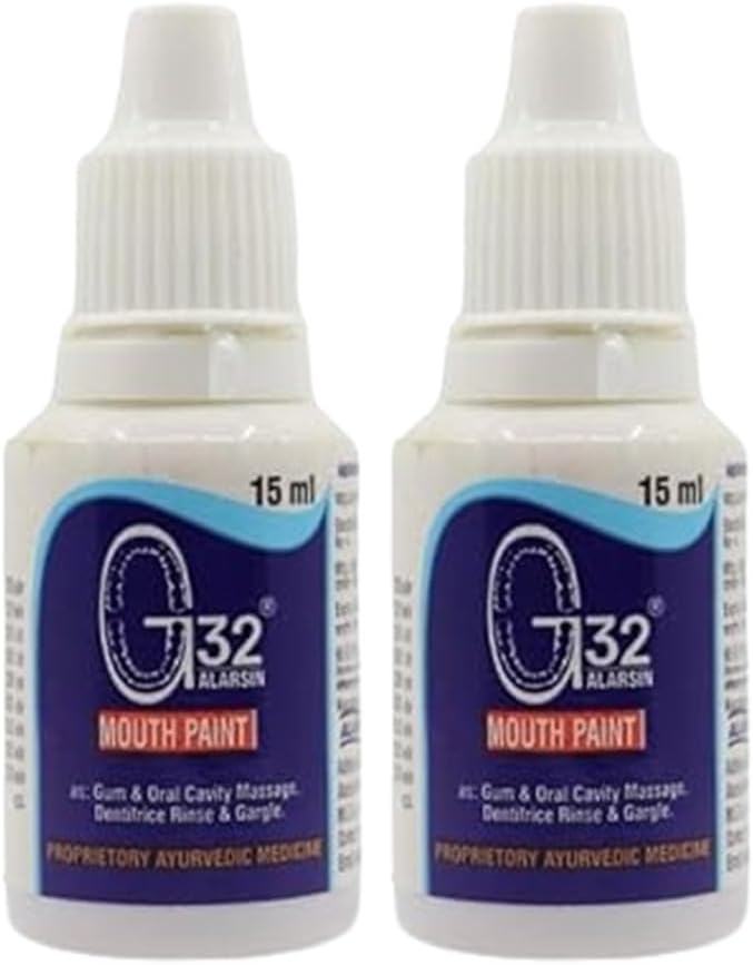 Alarsin G32 Mouth Paint/Tooth Whitener Paint - Pack of 2 (15ml Each), Antiseptic Gel/Solution for Oral Health, Stops Bleeding & Whitens Teeth, Adult Use, Natural Treatment for Gum Issues & Oral Trauma, 50 Years Old Ayurvedic Formula