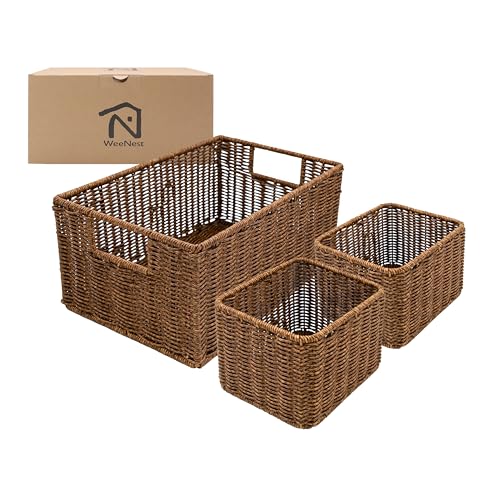 WeeNest Wicker Basket with Handle, Resin Wicker Set of 3, Toffee | Shelf Baskets for Organizing, Woven Organization Storage with Handles, Handcrafted Decorative Bin, Multi-functional Basket