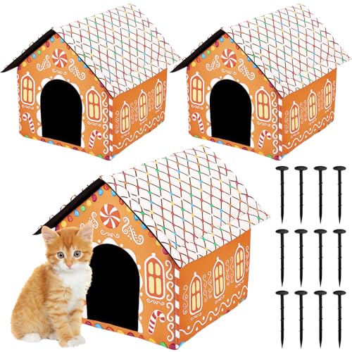 DoubleFill 3 Pcs Christmas Gingerbread Cat Houses for Outdoor Cats Winter Weatherproof Insulated Stray Feral Cat Dog House Bed Outdoor Pet Shelter Warm Waterproof Pet Cave Wild Animal