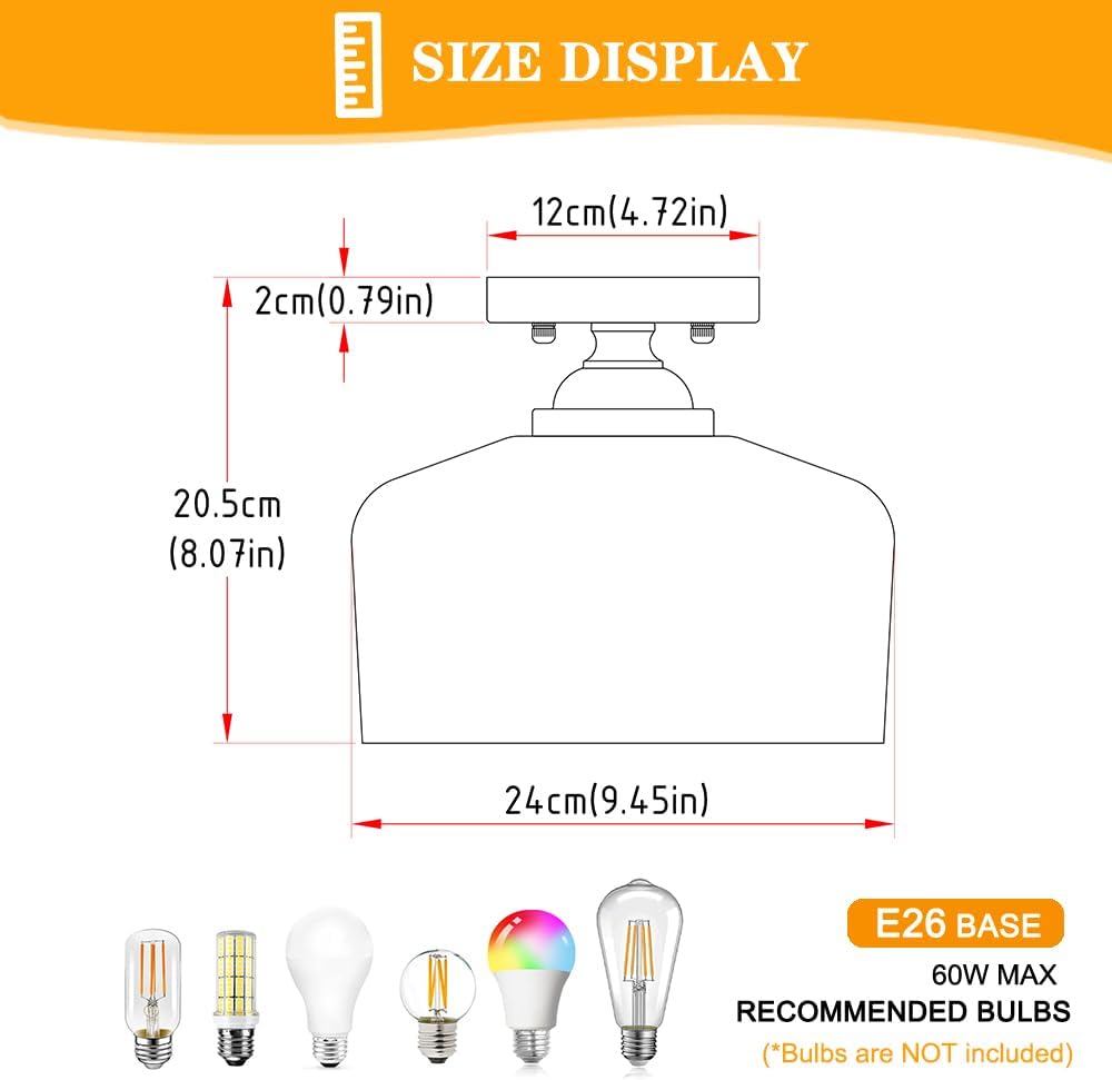 Brushed Nickel Semi Flush Mount Ceiling Light, Antique Ceiling Light with Glass, Indoor Close to Ceiling Light Fixture, Entryway Light Fixtures, Overhead Lighting Fixture for Hallway Kitchen Bedroom