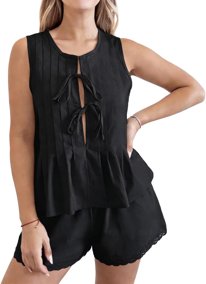 Womens Summer Short Sets 2 Piece Outfits Pleated Front Tie Tank Top and Shorts Cotton Pajamas Set