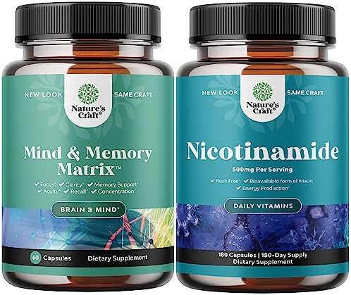 Bundle of Enhance Brain Memory, Boost Focus, Improve Clarity Mind Booster Supplement and Vitamin B3 Nicotinamide 500mg Capsule - Contains Vitamins and Pure Herbal Ingredients - Mitochondrial Energy Su
