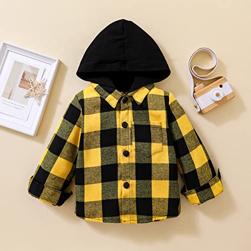 Toddler Baby Boys Girls Hooded Plaid Shirt Long Sleeve Classic Button Down Shirt Kids Fall Winter Clothes Outfits (Yellow, 3-6 Months) #TOP1