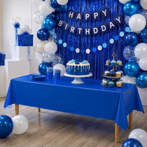 Image of Blue Orchards Royal Blue Plastic Table Cover (Pack of 3 with 20 Glue dots) - 54 inch x 108 inch - Blue Waterproof & Disposable Tablecloth, Navy Blue Decor for Birthday, Party Supplies, Baby Shower, Wedding