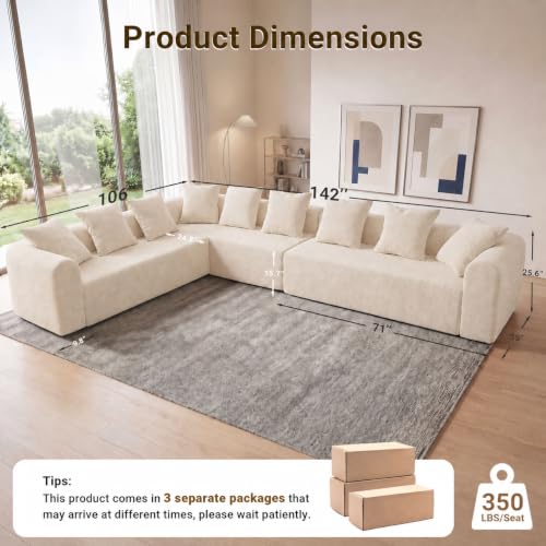Image of Claiks 142 inch Cloud Boneless Couch, L-Shape Left Chaise, Beige