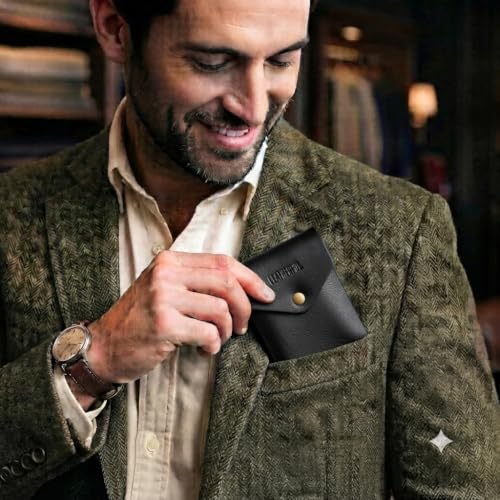Image of Leatherful Flip - Top Grain Leather Vertical Slim Wallet for Men | Easy Quick Card Access | Compact Front Cash Pocket & Button Lock | Minimalist Travel & Daily Carry Wallet (Black)