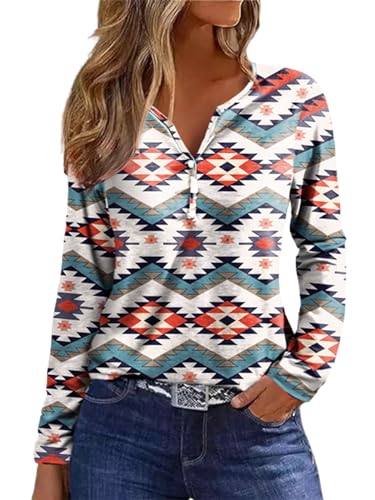 Bellelily Womens Long Sleeve T Shirts Aztec Cow Print Western Henley Tops Ladies Graphic Tees Casual V Neck Loose Fit Blouse