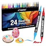 Pagather 24 Colors Acrylic Paint Markers, Dual Tip with Fine Tip and Brush Tip Pens for Stone, Wood, Calligraphy, Canvas, Ceramic, Metal, Glass, Rock Painting, DIY Crafts