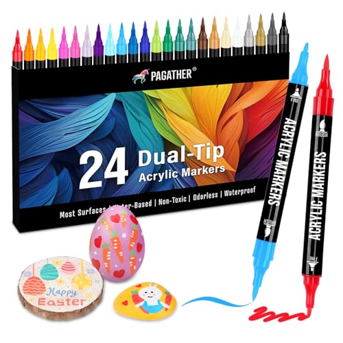 Pagather 24 Colors Acrylic Paint Markers, Dual Tip with Fine Tip and Brush Tip Pens for Stone, Wood, Calligraphy, Canvas, Ceramic, Metal, Glass, Rock Painting, DIY Crafts
