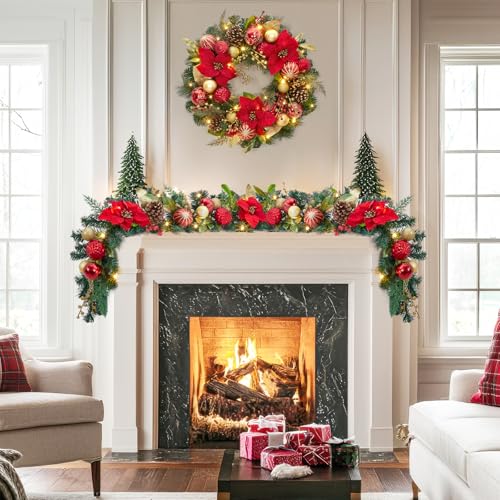 GarveeHome 6FT Christmas Garland with Lights, Prelit Mantle Christmas Garland with Battery Operated Lights Berries Red Poinsettia, Indoor Outdoor Xmas Garland for Fireplace Stairs Holiday Decorations