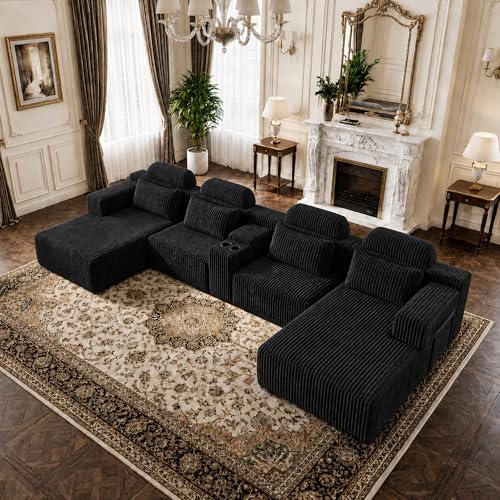 Image of 145 inch U Shaped Boneless Couches with Storage Console, Cup Holders, Chaise Lounge for Living Room, Modular Sectional Corduroy Comfy Cloud Memory Foam Deep Seat Oversized Boneless Sofa, Black