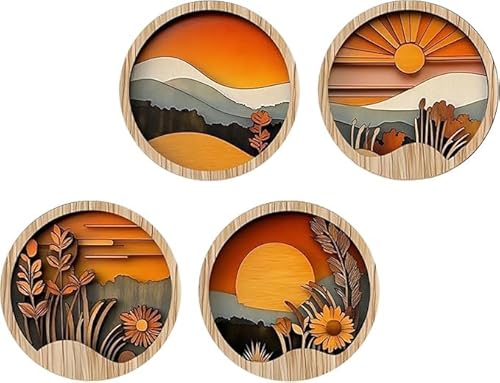 Miners2000 Boho Wood Wall Decoration, Bohemian Wall Decoration for Bedroom, 4 Round Wooden Frames, 20 x 20 cm, Geometric Art for Home, Hallway, Entrance Area, Windowsill (A)