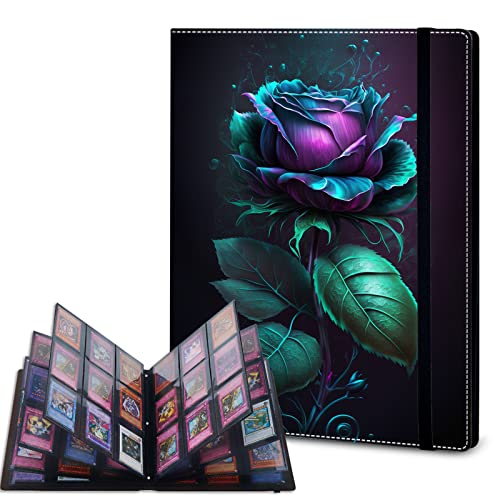 Trading Card Binder,9 Pocket Trading Card Binder Album Folder,900 Side Loading Pocket Card Collection Binder,for MTG,TCG,Sport Baseball Collector,Leather black Card Binder,Blue Rose Flower